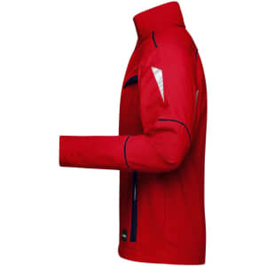 A red workwear jacket with a high collar and reflective details, featuring various pockets and a logo.