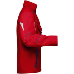 A red workwear jacket featuring a high collar, zip pockets, and reflective detailing. It has a logo on the chest.