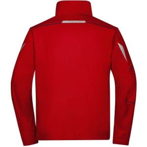 A red Workwear Jacket with reflective details, featuring a collar and long sleeves. Includes a logo.