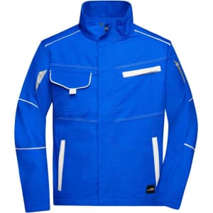A blue workwear jacket featuring white detailing and multiple pockets, with a logo on the lower section.