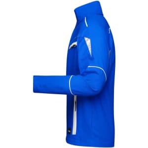 A blue workwear jacket with white accents and a zippered pocket, featuring a logo on the lower part.