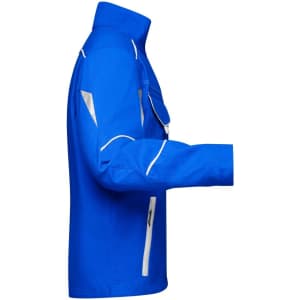 A blue workwear jacket featuring white accents and a zippered pocket, with a stand-up collar.