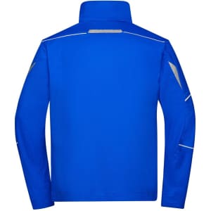 A blue workwear jacket with reflective detailing, featuring a high collar and long sleeves. It has a logo on the back.