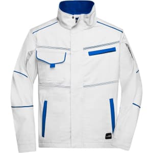 A white workwear jacket featuring blue accents, with multiple pockets and a high collar. Includes branding.