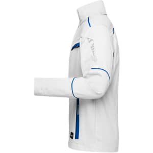 A white workwear jacket with blue accents and multiple pockets, featuring a zip closure and a collar.