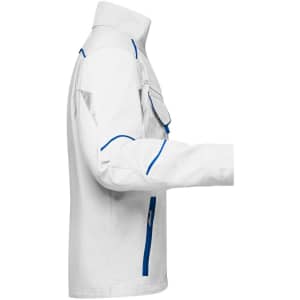 A white workwear jacket with blue accents and a zippered pocket on the front, featuring a logo.