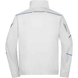 A white workwear jacket featuring blue and grey detailing, with a collar and long sleeves, and a logo present.