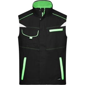 A black workwear vest with green accents and reflective detailing, featuring multiple pockets and a high collar.