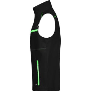 A black work vest with green accents and multiple zippered pockets, featuring a logo on the front.