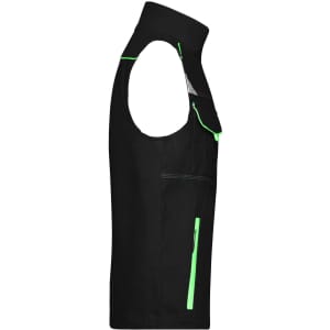 A black work vest featuring neon green detailing and multiple pockets, designed for practicality and durability.