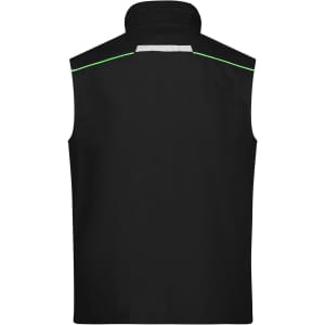 A black workwear vest featuring a high collar and green detailing on the back, with a branding logo.