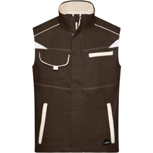 A brown work vest with cream accents, featuring multiple pockets and a high collar. It has a logo on the lower edge.