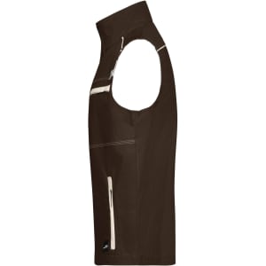 A brown work vest with a sleeveless design, featuring two zippered pockets and a logo.