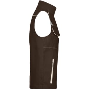 A brown work vest with a zip pocket and a chest pocket, featuring sleeveless design and light accents.