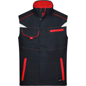 A black work vest with red accents, featuring multiple pockets and a high collar. It also has branding.