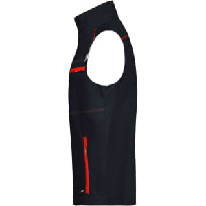 A black workwear vest with red accents, featuring multiple pockets and a sleeveless design.