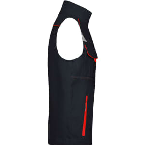 A black workwear vest with orange accents and pockets, featuring a sleeveless design and a single logo.