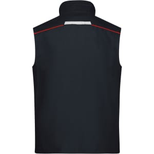 A dark navy workwear vest with red detailing and a high collar, featuring a logo on the back.