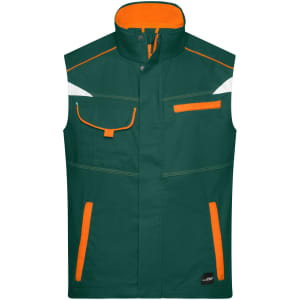 A green work vest with orange accents, featuring multiple pockets and a high collar. It has a logo on it.