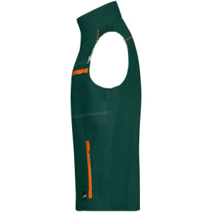 A green workwear vest with orange accents, featuring multiple pockets and a logo.