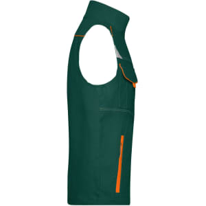A green workwear vest with orange zippers and detailing, featuring multiple pockets.