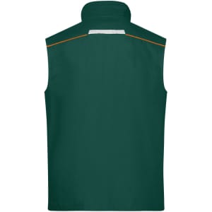 A green workwear vest featuring a high collar and reflective detailing on the back. It also has a logo.