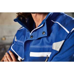 A blue workwear vest featuring a collar and several pockets, designed for durability and functionality.