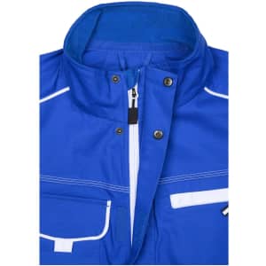 A blue workwear vest featuring a high collar, zip closure, and multiple pockets with white detailing.