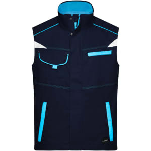A navy workwear vest with turquoise accents and multiple pockets, featuring a logo.