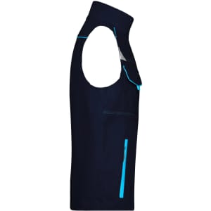 A navy workwear vest with blue accents and multiple pockets. Features a sleeveless design.