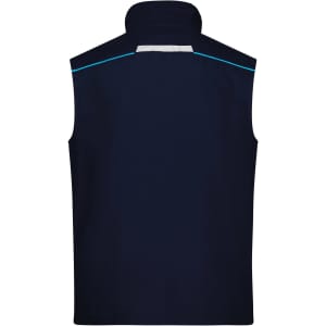 A work vest in navy blue with a high collar and a reflective detail on the back. Features a logo.