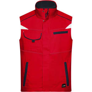 A red workwear vest featuring multiple pockets and a high collar, with contrasting navy detailing.