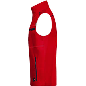 A bright red work vest with a zippered front and side pockets, featuring a logo on the chest.