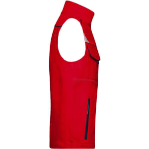 A red work vest featuring a zip pocket and a logo, designed for workwear applications.