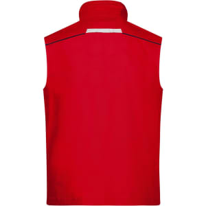 A red workwear vest featuring a high collar and a back design with a logo.