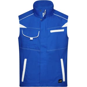 A blue workwear vest featuring white accents, multiple pockets, and a logo.