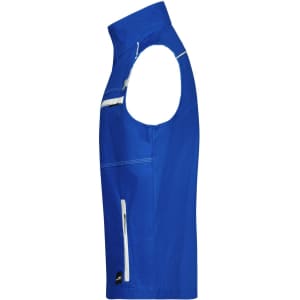 A blue workwear vest with a zippered front and pockets, featuring a logo on the side.