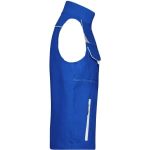 A blue workwear vest featuring a zippered pocket and a logo, designed for durability and functionality.