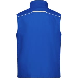 A blue work vest featuring a high collar and a back panel with a reflective strip. It has a logo on it.
