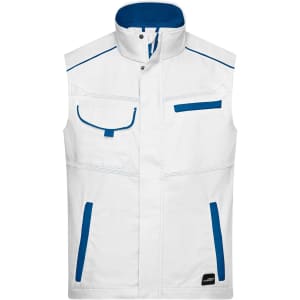 A white workwear vest featuring blue accents and multiple pockets, with a high collar and a branded logo.