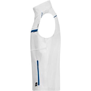 A white workwear vest with blue accents, featuring multiple pockets and a logo.