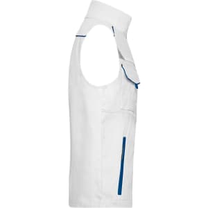 A white workwear vest with blue accents, featuring multiple pockets and a sleeveless design. It has a logo on the front.
