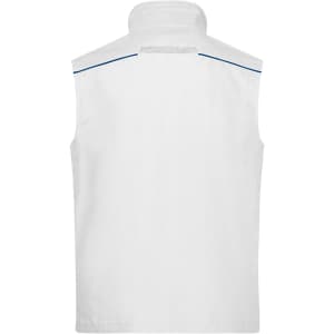 A white workwear vest featuring a high collar and a logo on the back, designed for practicality and comfort.