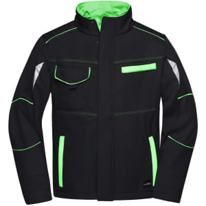 A black softshell jacket featuring neon green accents and pockets. It has reflective details and a logo.