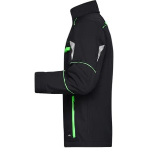 A black softshell work jacket with green accents, featuring reflective details and a side-view silhouette.