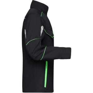 A black softshell work jacket with green accents and a logo, featuring a full zip and side pockets.