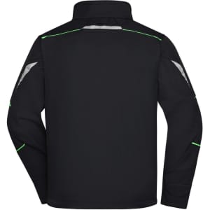 A black softshell jacket with reflective accents on the shoulders and back, featuring a logo.