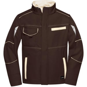 A brown softshell work jacket featuring cream accents, zipped front, and multiple pockets. It has a logo.