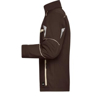 A brown softshell jacket with reflective accents, featuring a high collar and a zippered pocket. It has a logo.