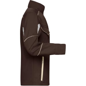 A brown softshell jacket with light detailing, featuring a side view and a logo on the chest area.